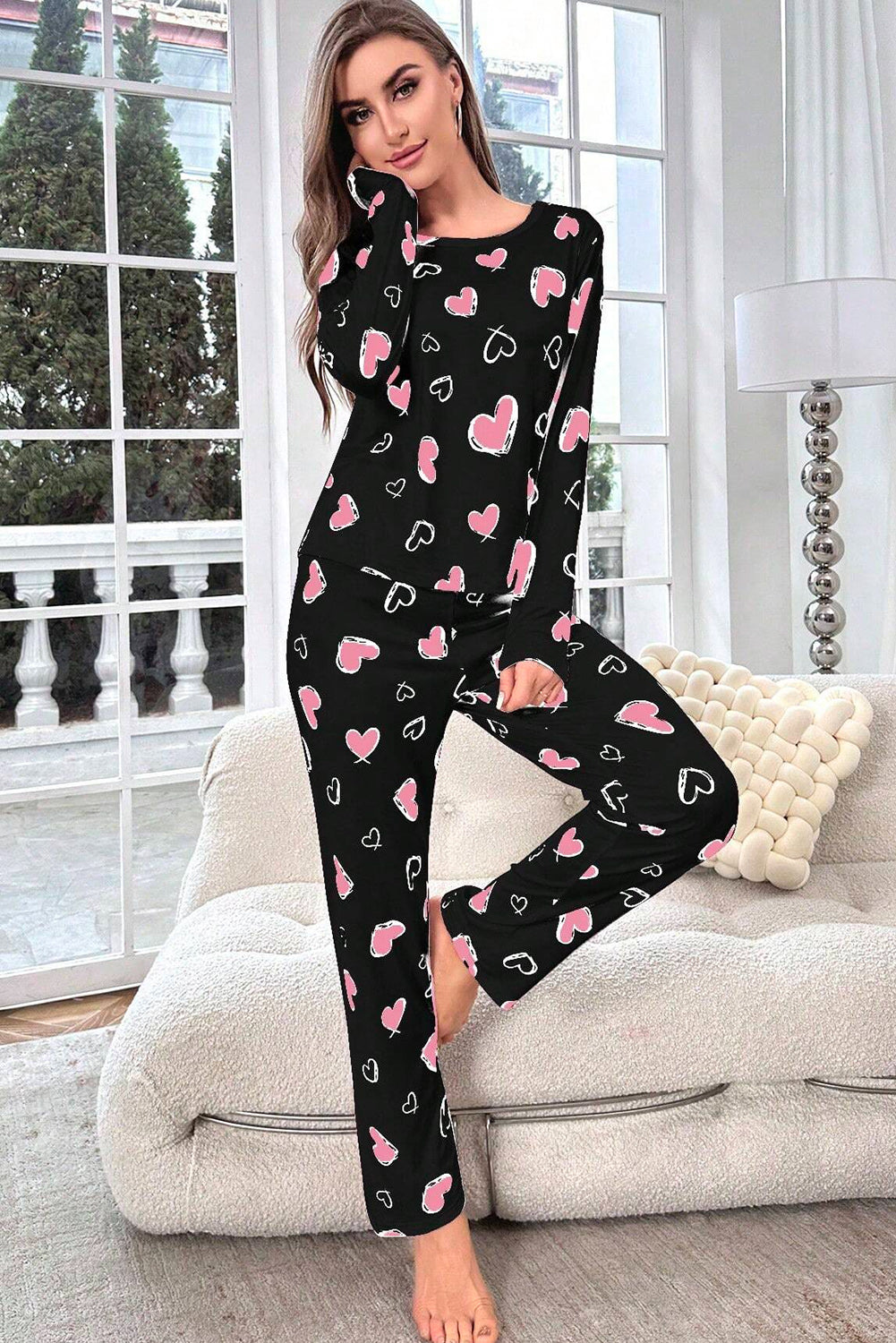 Black Valentines Heart Print Long Sleeve Top & Pants PJ Set Loungewear JT's Designer Fashion