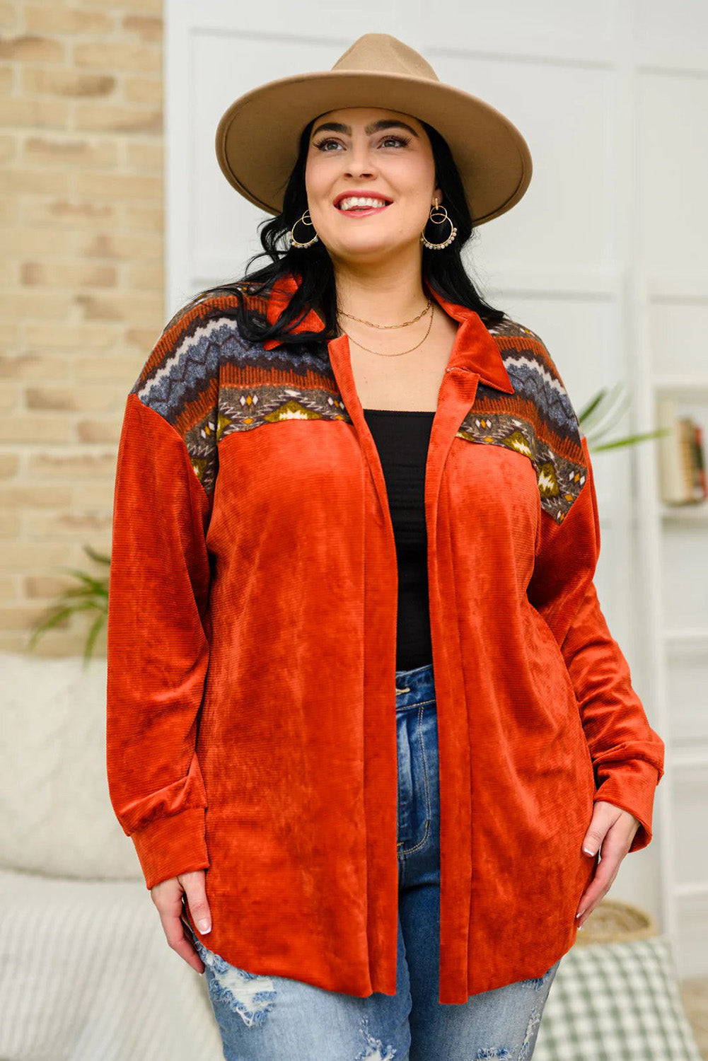 Red Plus Size Aztec Western Print Patchwork Shacket Plus Size JT's Designer Fashion