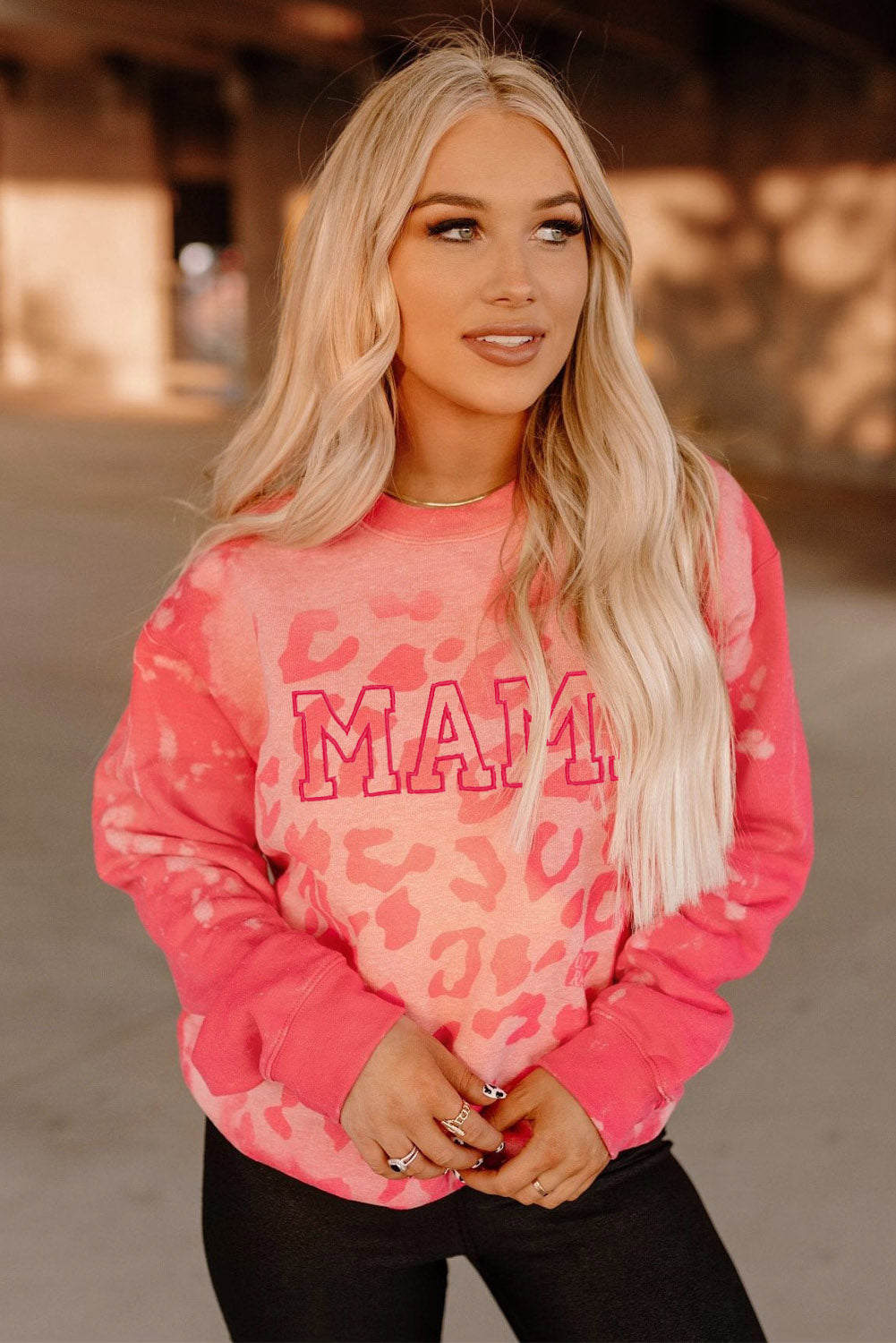 Pink MAMA Leopard Print Crew Neck Pullover Sweatshirt Graphic Sweatshirts JT's Designer Fashion