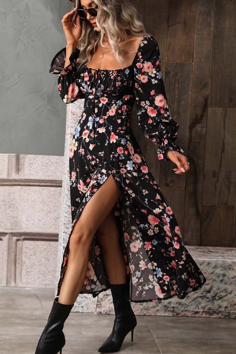 Black Floral Square Neck Long Sleeve High Split Dress Dresses JT's Designer Fashion