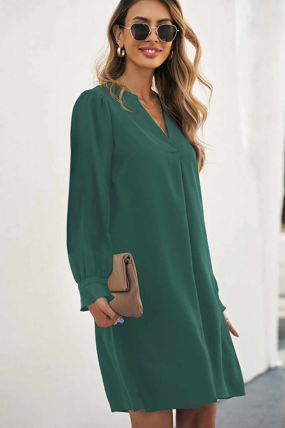 Green Split V Neck Ruffled Sleeves Shirt Dress Mini Dresses JT's Designer Fashion