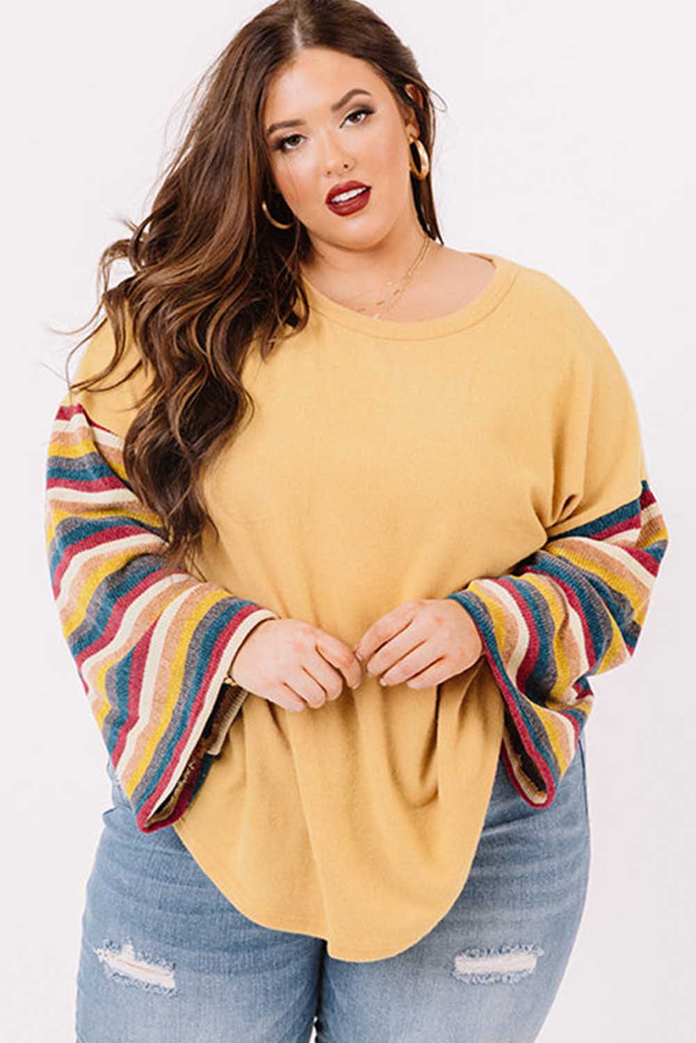 Yellow Serape Striped Bell Sleeve Plus Size Sweater Plus Size JT's Designer Fashion