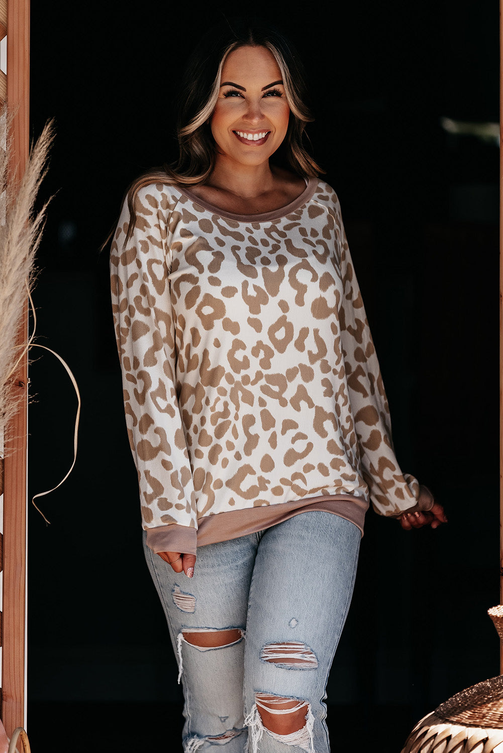 Khaki Printed Funky Leopard Boat Neck Plus Long Sleeve Top Plus Size JT's Designer Fashion