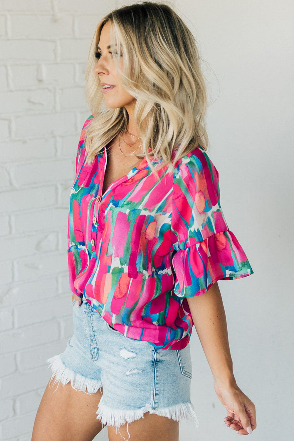 Rose Abstract Brushwork Print Buttoned V Neck Blouse Tops & Tees JT's Designer Fashion