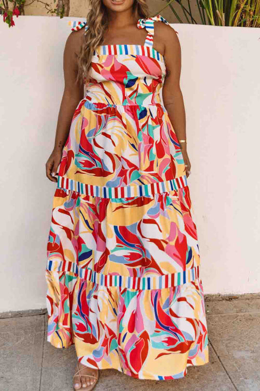 Multicolor Bohemian Abstract Print Tie Straps Maxi Dress Plus Size JT's Designer Fashion