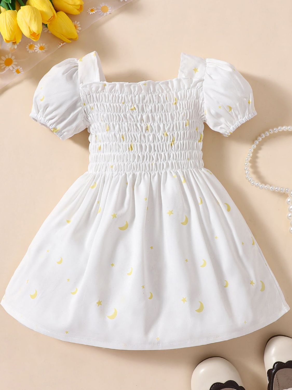 Baby Girl Printed Square Neck Smocked Dress Girls Dresses JT's Designer Fashion