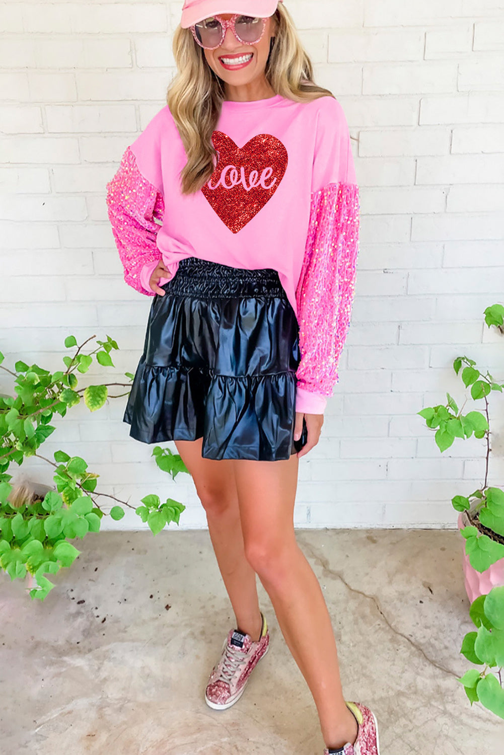 Pink Shiny Heart Shape love Print Sequined Sleeve Top Graphic Sweatshirts JT's Designer Fashion