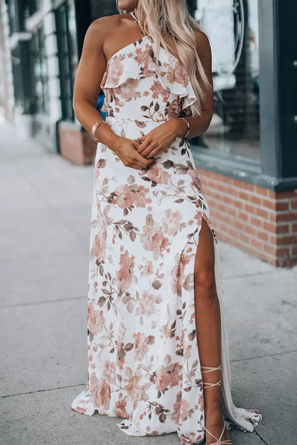 White Floral Slit Ruffled Halterneck Maxi Dress Floral Dresses JT's Designer Fashion