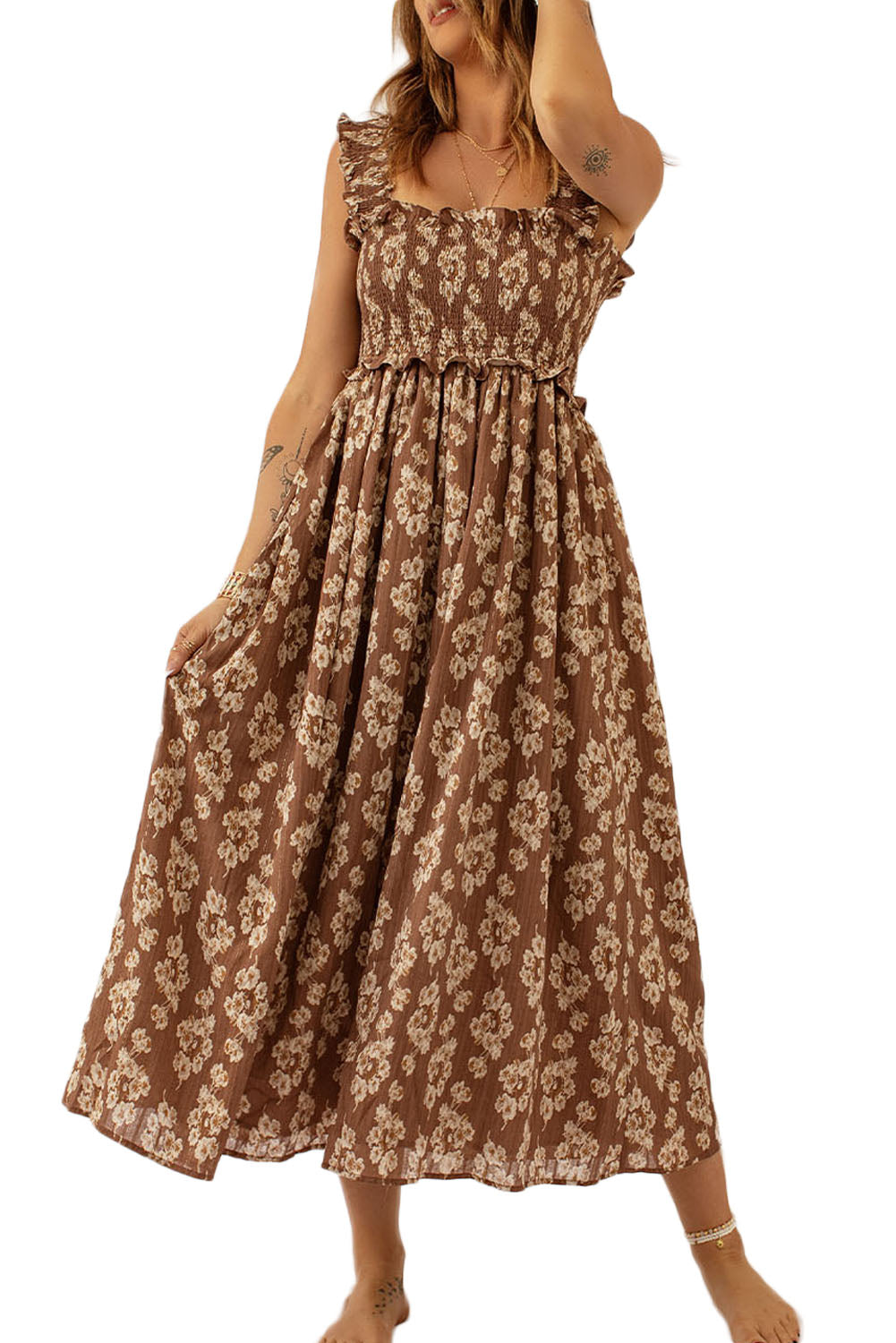 Brown Ruffled Straps Smocked Floral Maxi Dress Floral Dresses JT's Designer Fashion