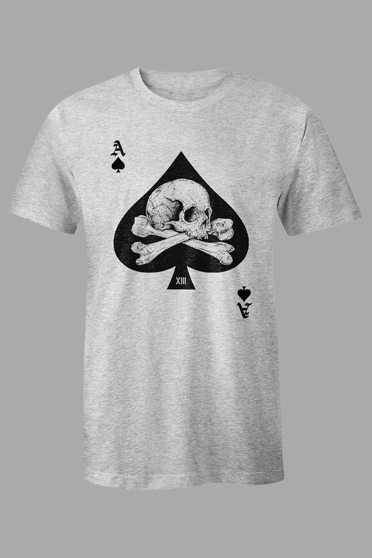 Gray Ace of Spades Skull Graphic Print Short Sleeve Men's T Shirt Gray 62%Polyester+32%Cotton+6%Elastane Men's Tops JT's Designer Fashion