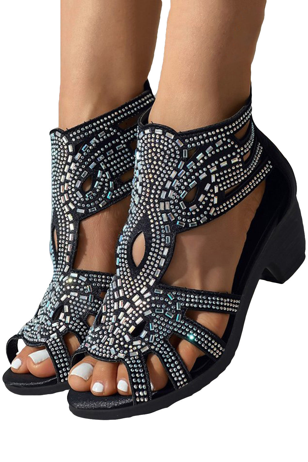 Black Rhinestone Hollowed Thick Heel Gladiator Sandals Sandals JT's Designer Fashion