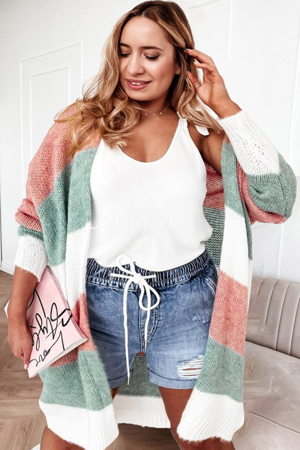 Multicolor Plus Size Colorblock Striped Open Cardigan Plus Size JT's Designer Fashion