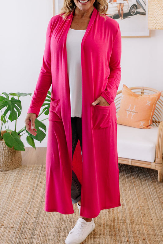 Strawberry Pink Plus Size Side Split Pockets Duster Cardigan Plus Size JT's Designer Fashion