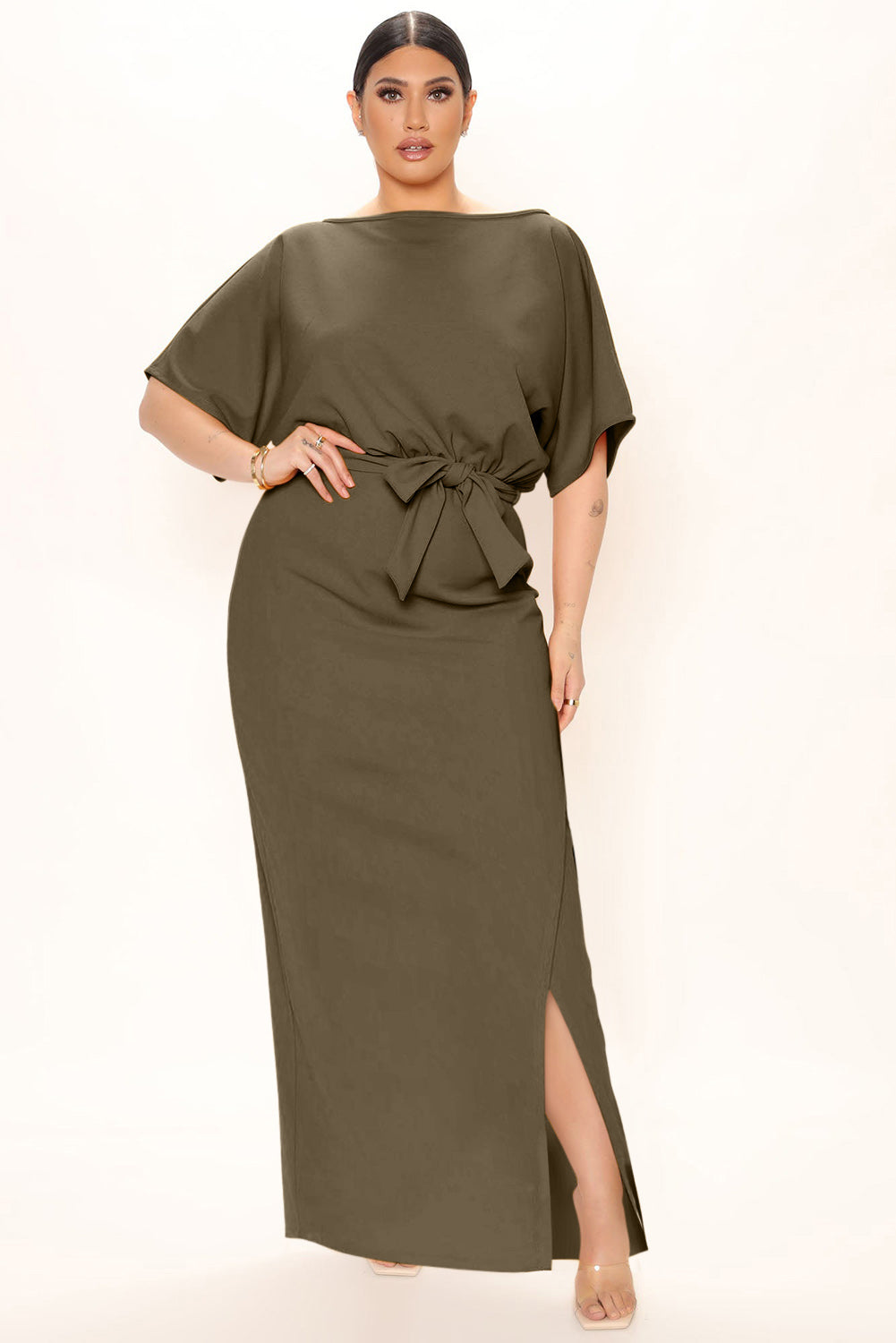 Green Belted High Waist Side Slit Plus Size Maxi Dress Plus Size Dresses JT's Designer Fashion