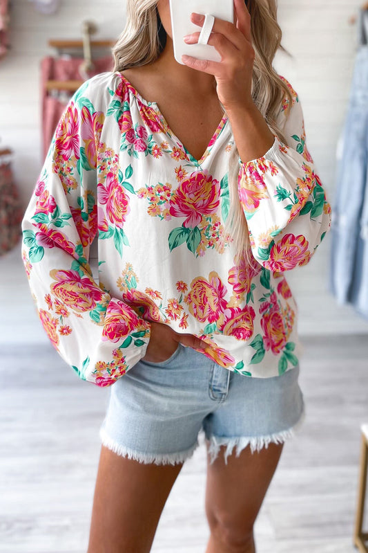 White Notch V Neck Floral Pleated Puff Sleeve Blouse Tops & Tees JT's Designer Fashion