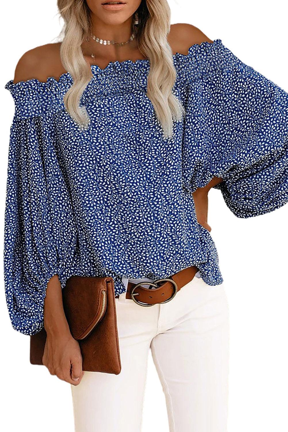 Blue Off Shoulder Floral Print Lantern Sleeve Blouse Blouses & Shirts JT's Designer Fashion