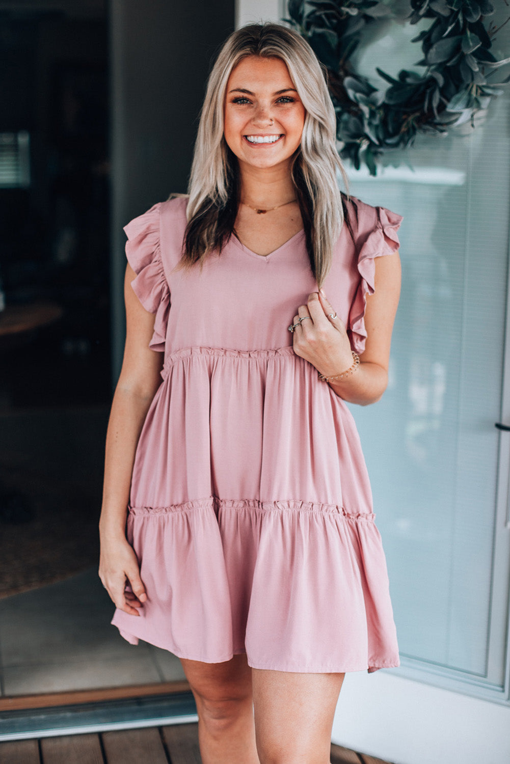 Pink Ruffle Trim Sleeveless A-line Mini Dress Mini Dresses JT's Designer Fashion