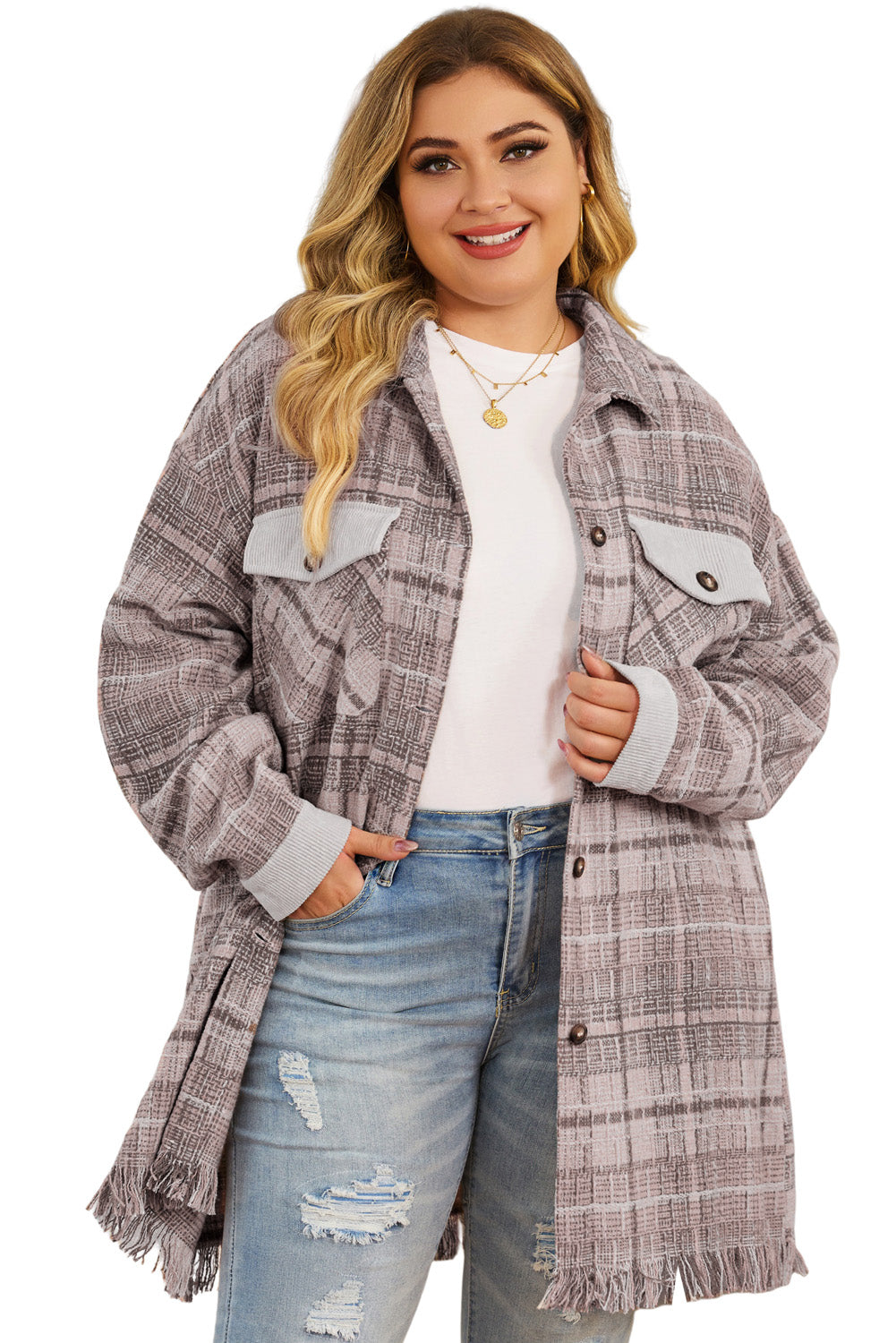 Pink Plus Size Plaid Tassel Hem Coat Plus Size JT's Designer Fashion