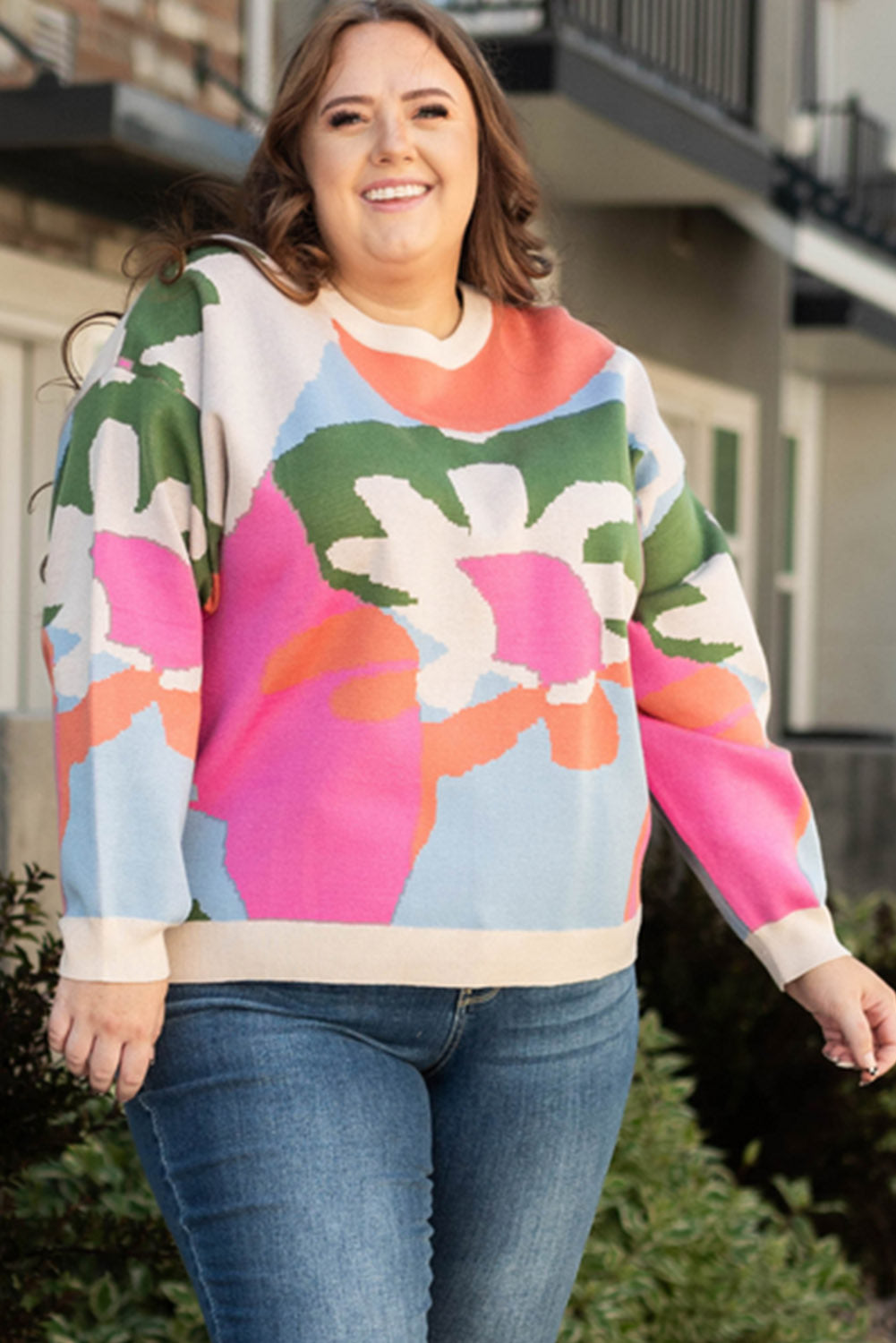 Multicolour Plus Size Floral Drop Shoulder Sweater Plus Size JT's Designer Fashion