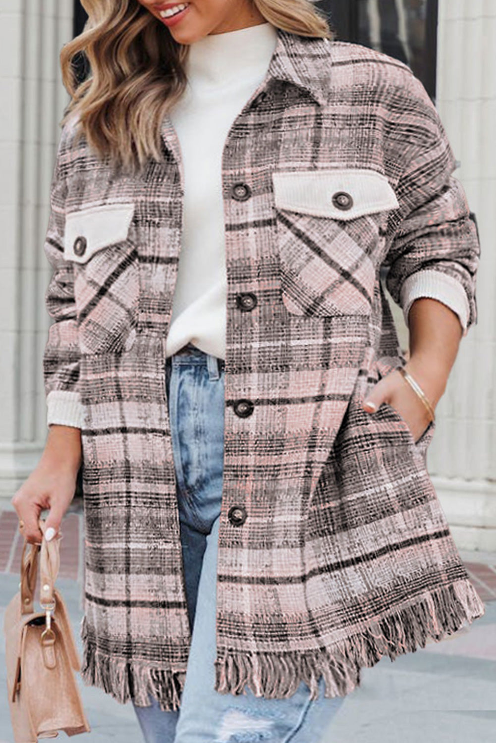 Pink Plus Size Plaid Tassel Hem Coat Plus Size JT's Designer Fashion