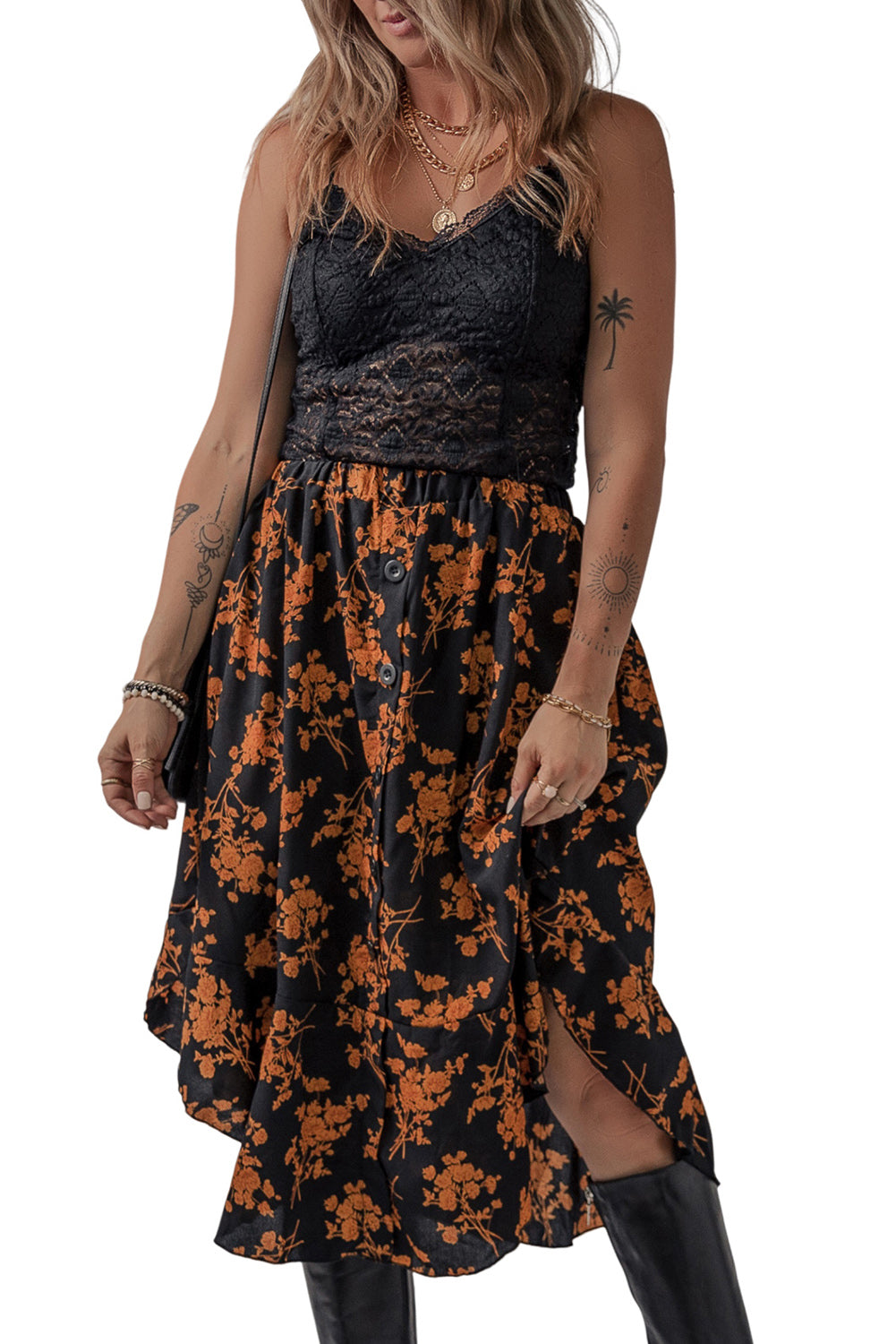 Black Printed Elastic Waist Button Decor Floral Ruffle Skirt Dresses JT's Designer Fashion