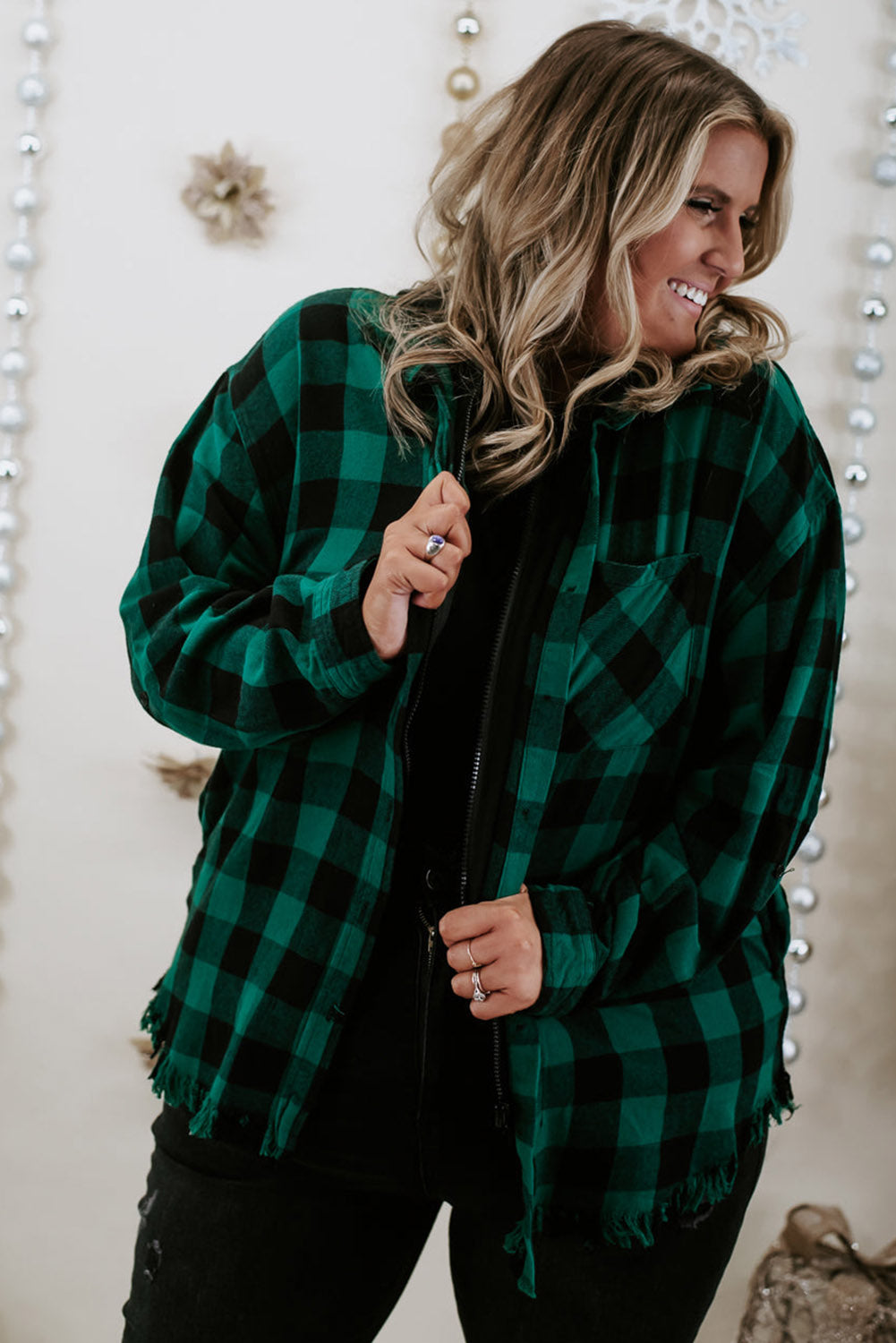 Blackish Green Plus Size Plaid Hooded Distressed Zip-Up Jacket Plus Size JT's Designer Fashion