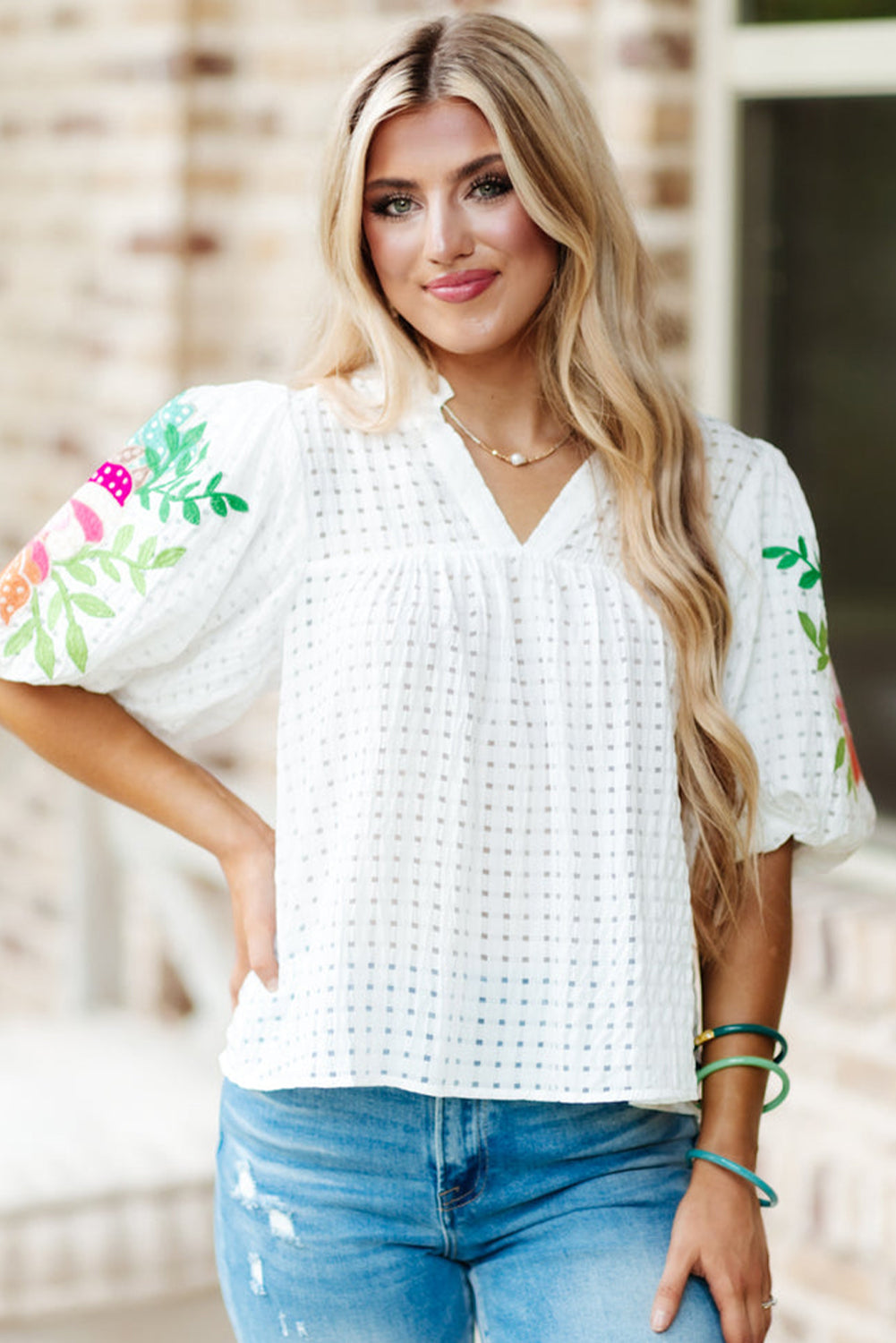 White Floral Embroidered Puff Sleeve Notched Neck Blouse Tops & Tees JT's Designer Fashion