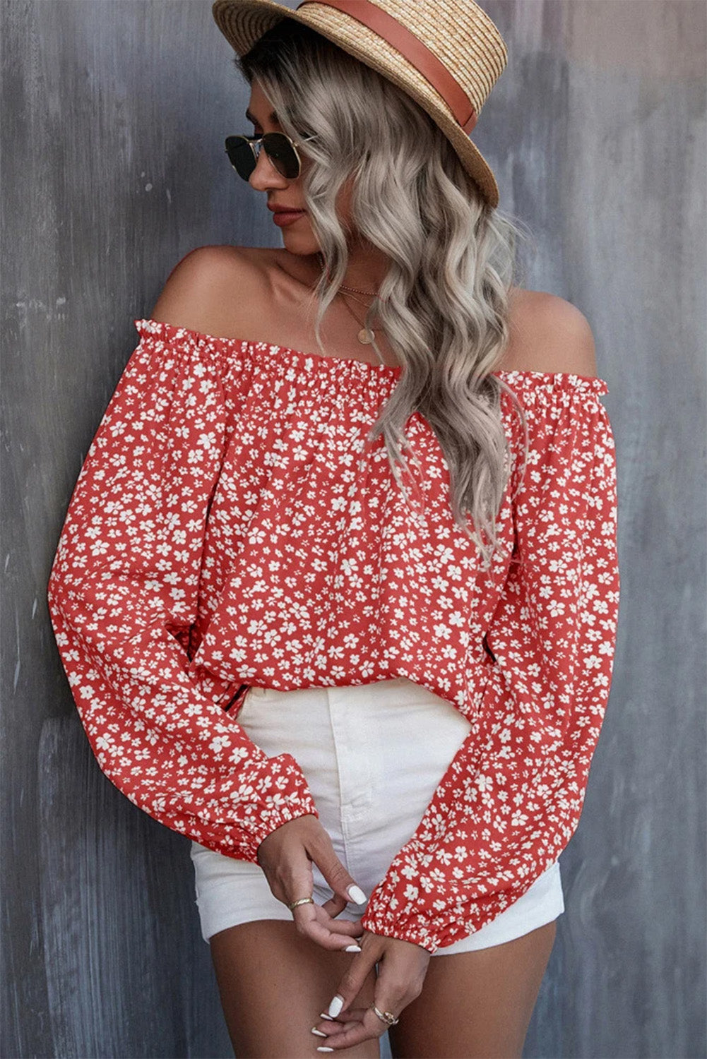 Red Floral Print Frill Trim Off-shoulder Lantern Sleeve Blouse Tops & Tees JT's Designer Fashion