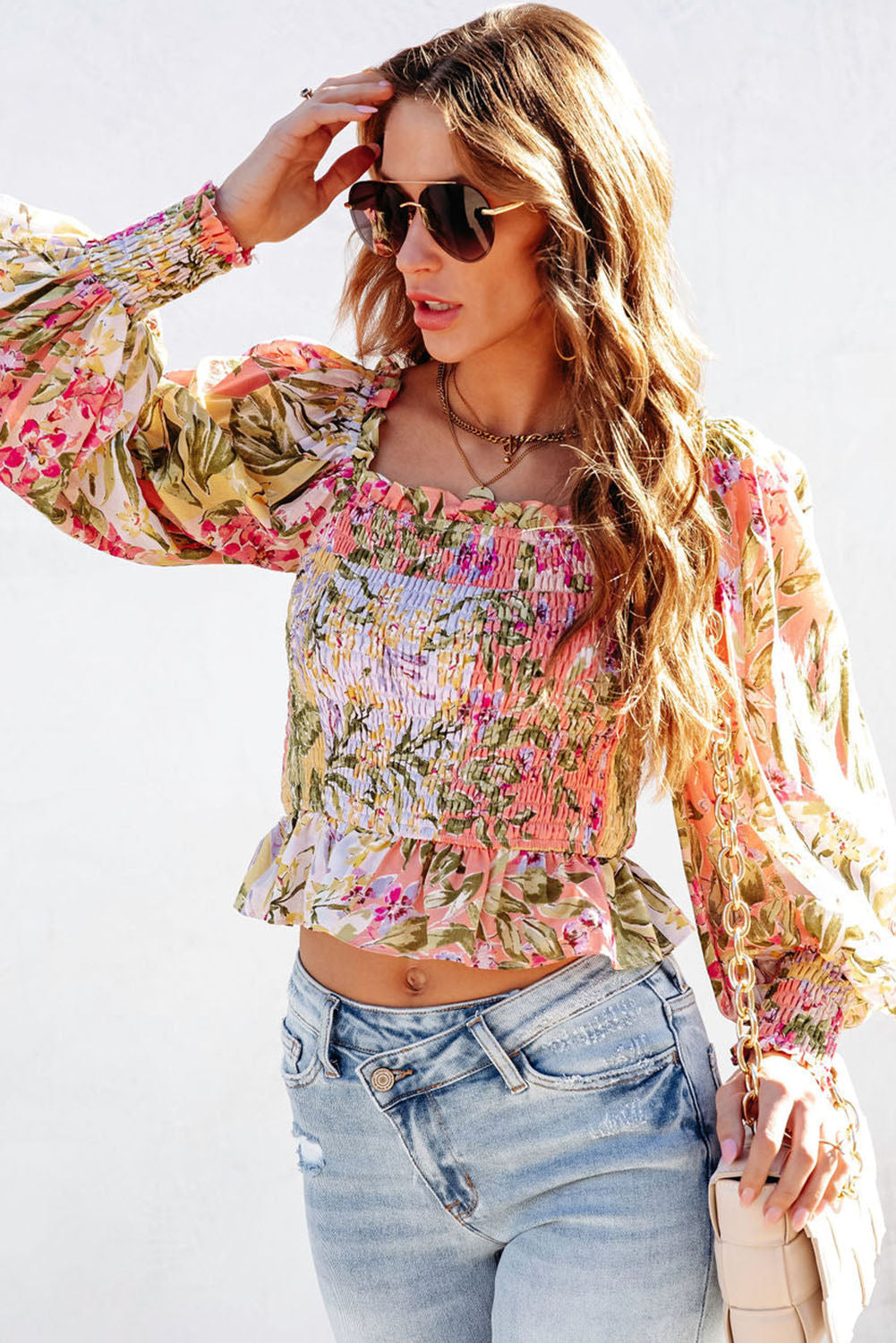 Multicolor Square Neck Ruffled Frilled Trim Floral Blouse Tops & Tees JT's Designer Fashion