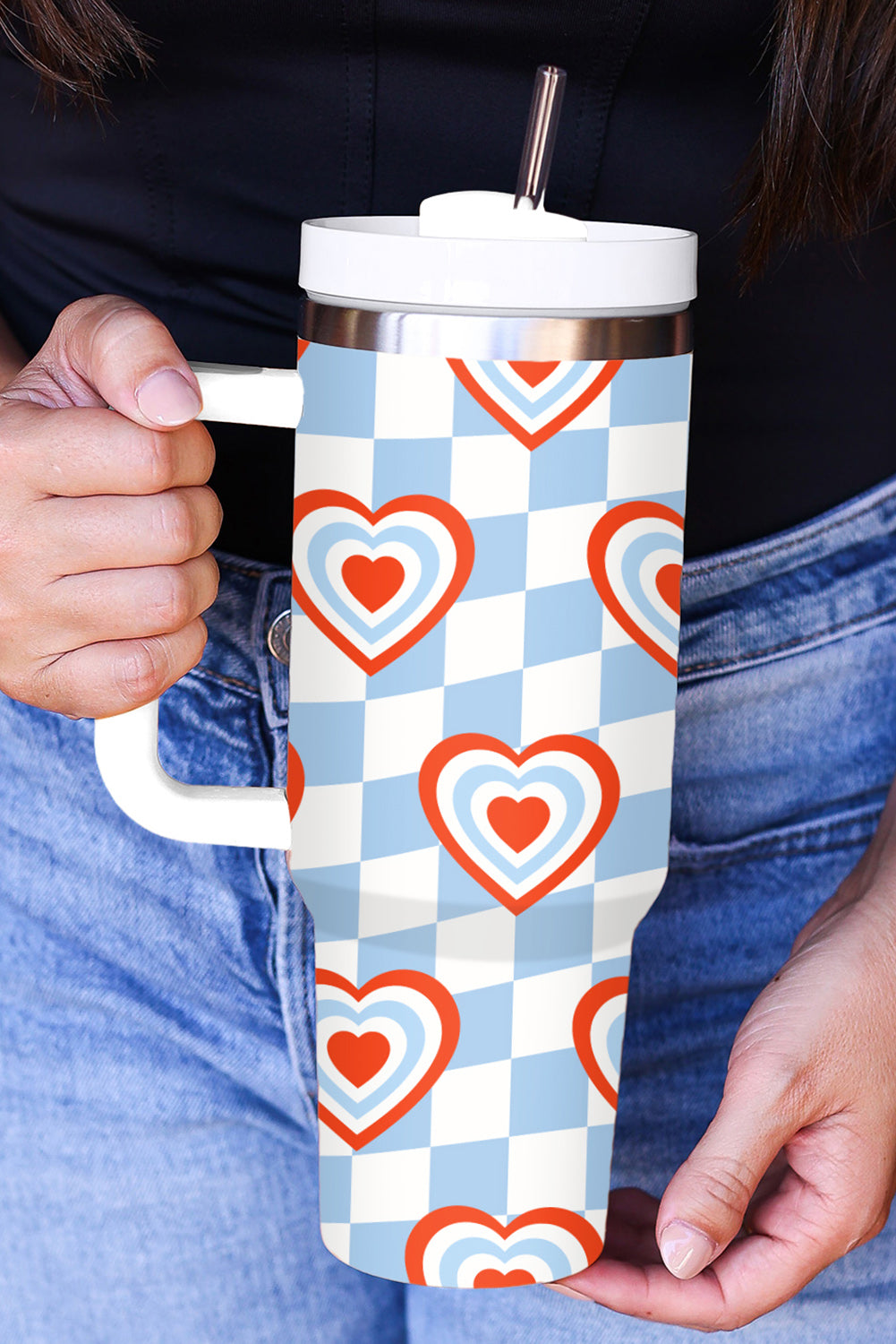 Mist Blue Heart Print Checkered Stainless Thermos Cup Tumblers JT's Designer Fashion