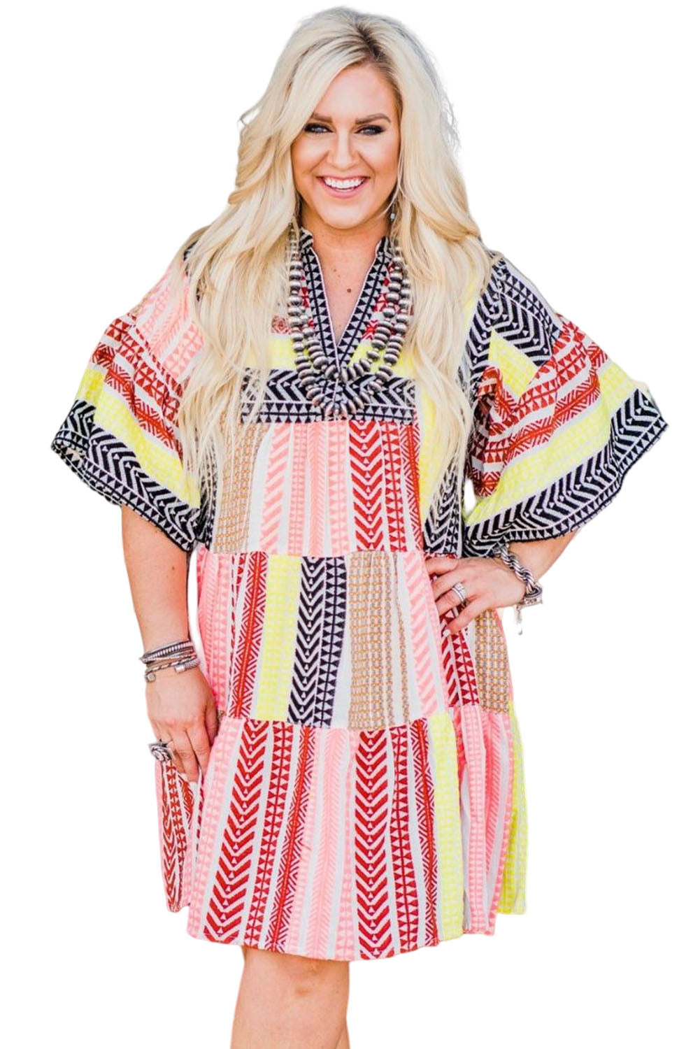 Multicolor Plus Size Tribal Stripe Print Tiered Swing Dress Plus Size Dresses JT's Designer Fashion