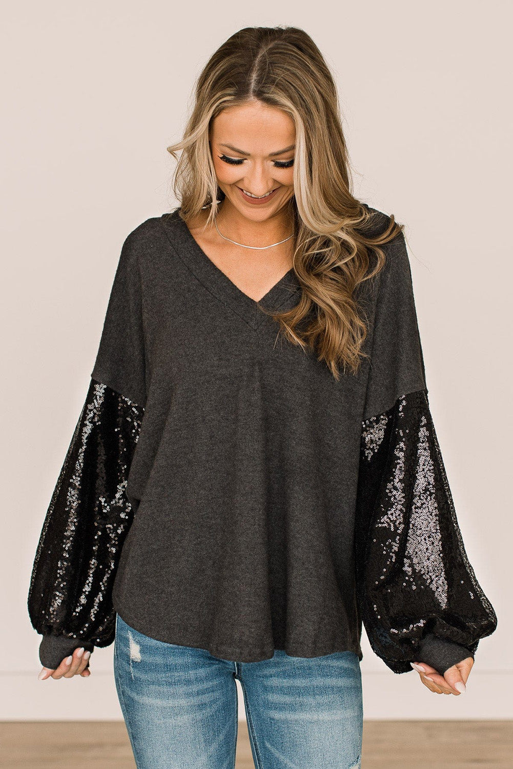 Black Plus Size Sequin Bubble Sleeve V Neck Knit Top Plus Size JT's Designer Fashion