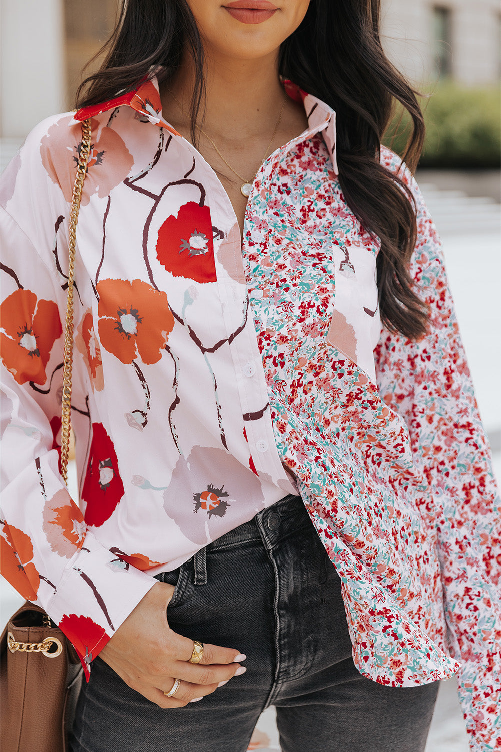 Red Floral Patchwork Buttoned Shirt with Pocket Blouses & Shirts JT's Designer Fashion