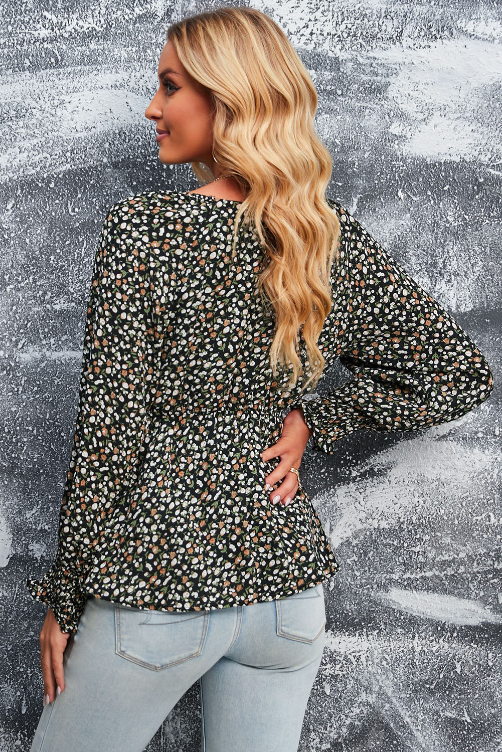 Black Floral Print Front Tie Ruffled Long Sleeve Blouse Blouses & Shirts JT's Designer Fashion