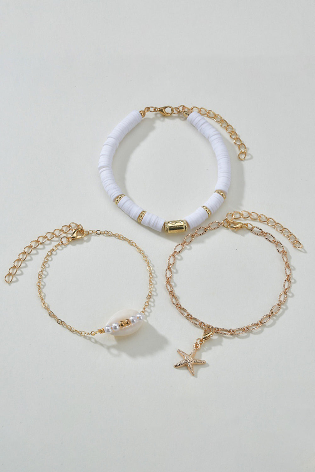 Gold 3-piece Bohemian Seashell Starfish Pearl Decor Bracelet Jewelry JT's Designer Fashion