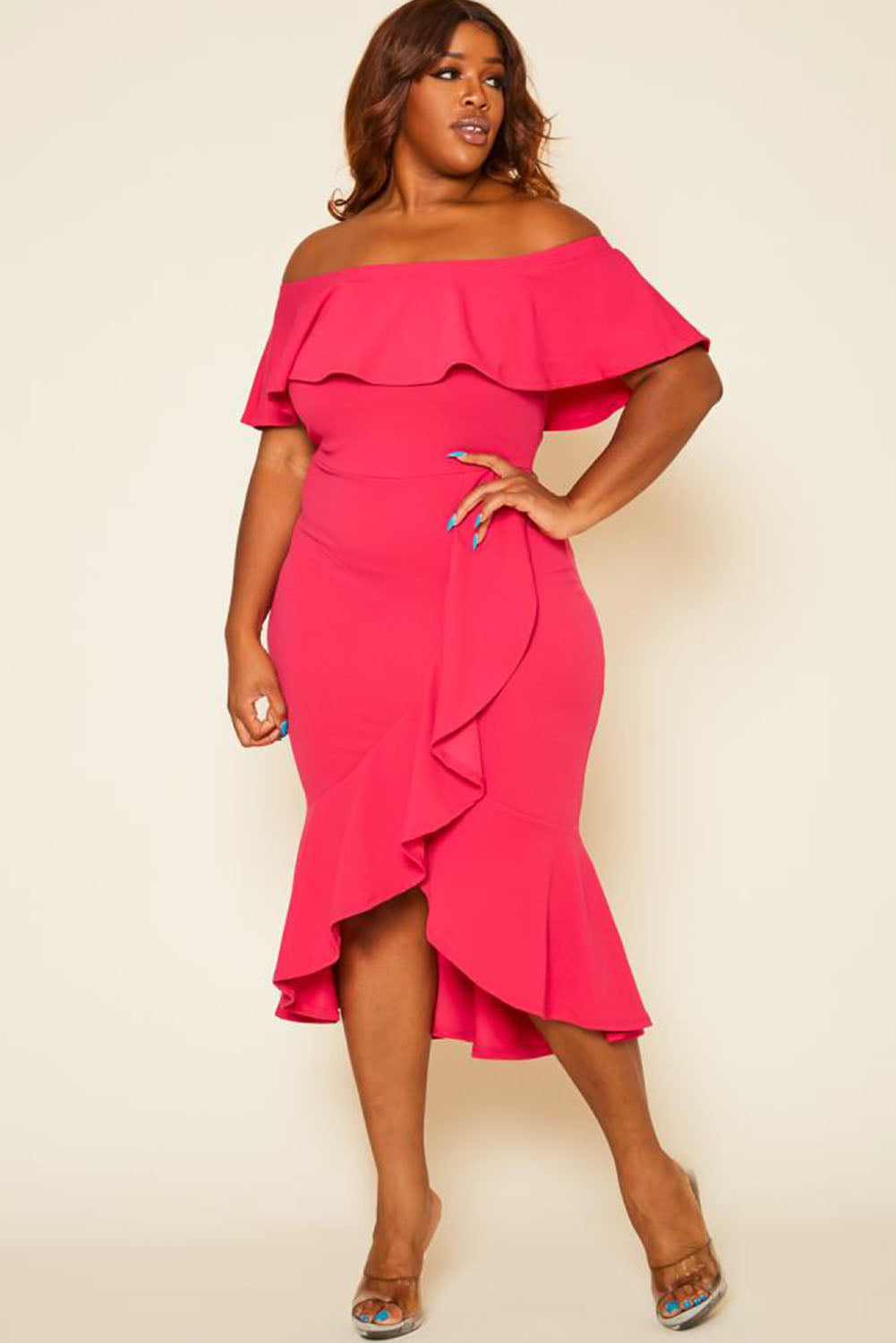 Rose Ruffled Off Shoulder High Low Plus Size Dress Plus Size JT's Designer Fashion