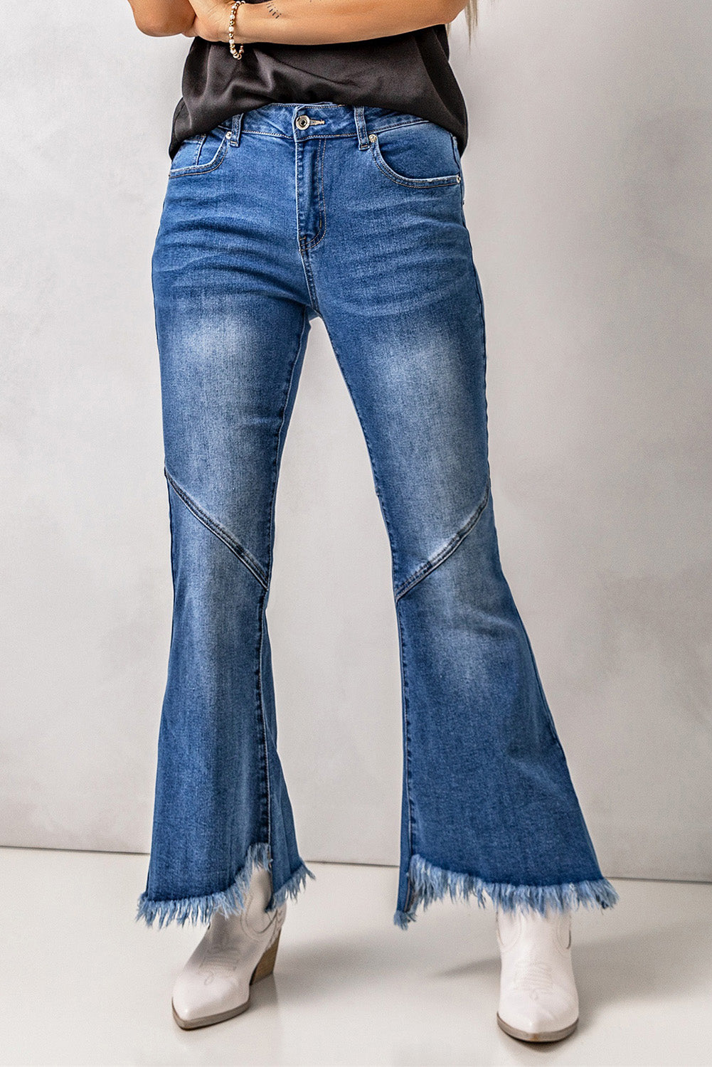 Sky Blue Vintage Frayed Tassel Bell Bottom Pants Jeans JT's Designer Fashion