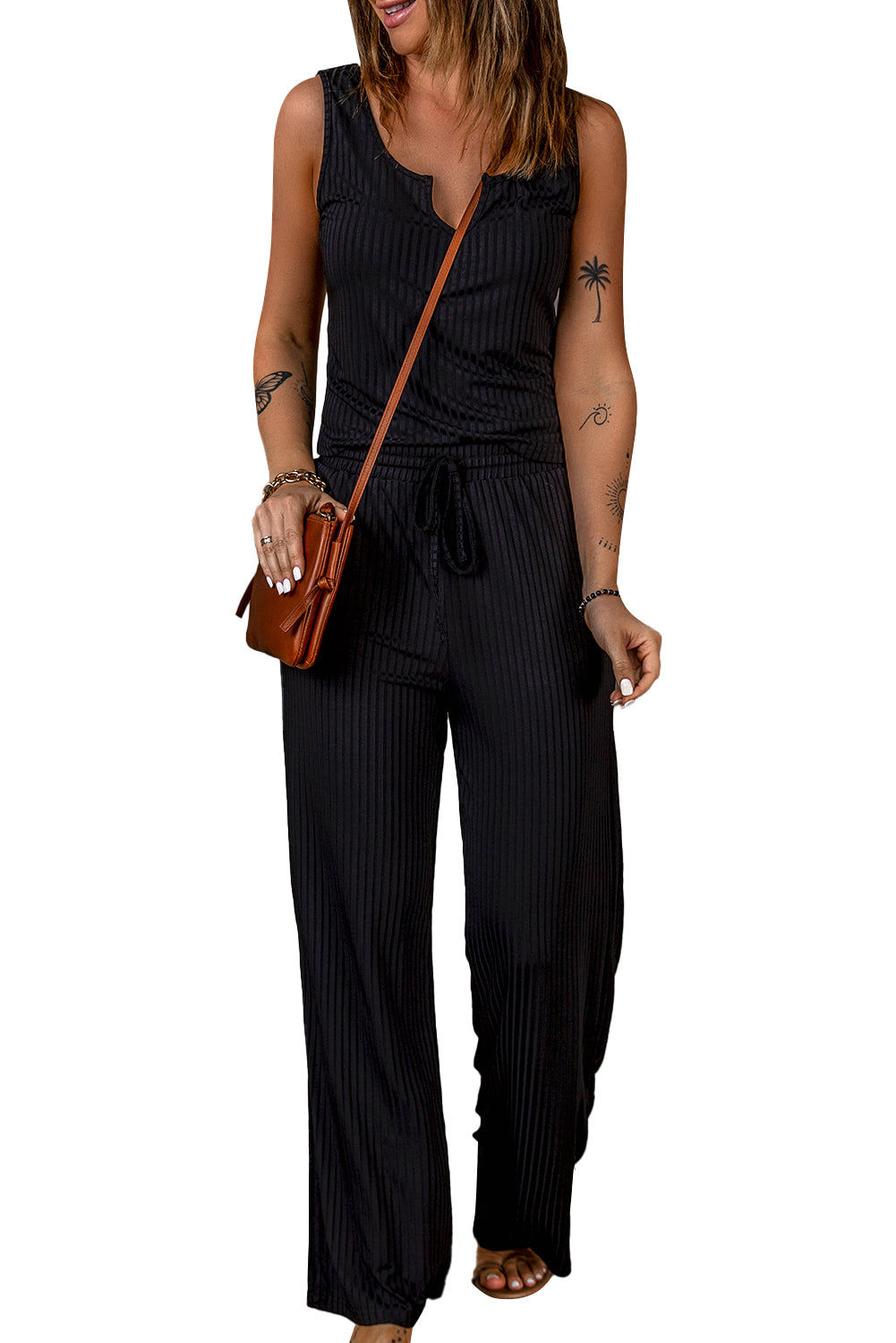 Black Rib Knit Notch Neck Tank and Wide-leg Pants Set Jumpsuits & Rompers JT's Designer Fashion