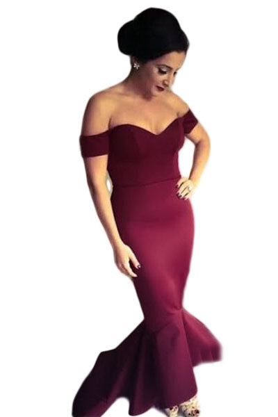 Maroon Off-shoulder Mermaid Jersey Prom Dress Maroon Evening Dresses JT's Designer Fashion