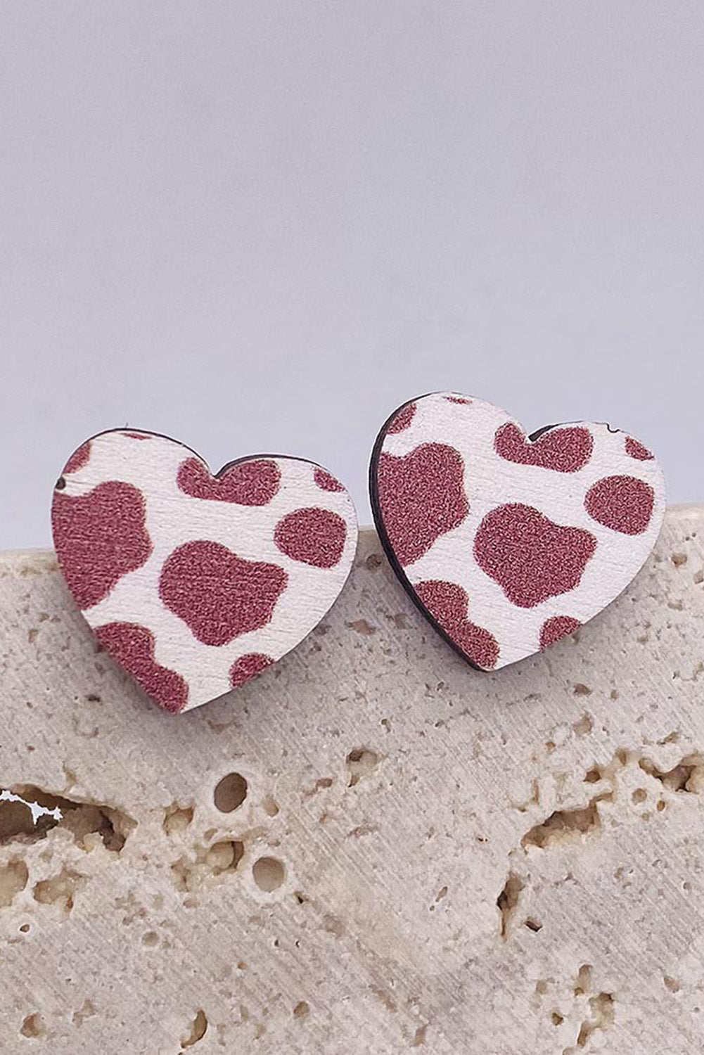 Red Sandalwood Heart Shaped Cow Stripe Print Stud Earrings Jewelry JT's Designer Fashion