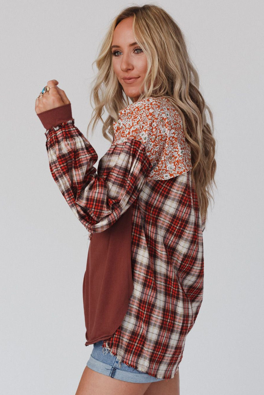 Red Floral Plaid Mixed Print Bishop Sleeve Patchwork Top with Slits Tops & Tees JT's Designer Fashion