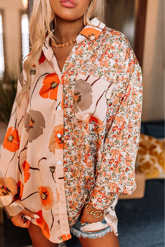 Orange Floral Patchwork Buttoned Shirt with Pocket Blouses & Shirts JT's Designer Fashion