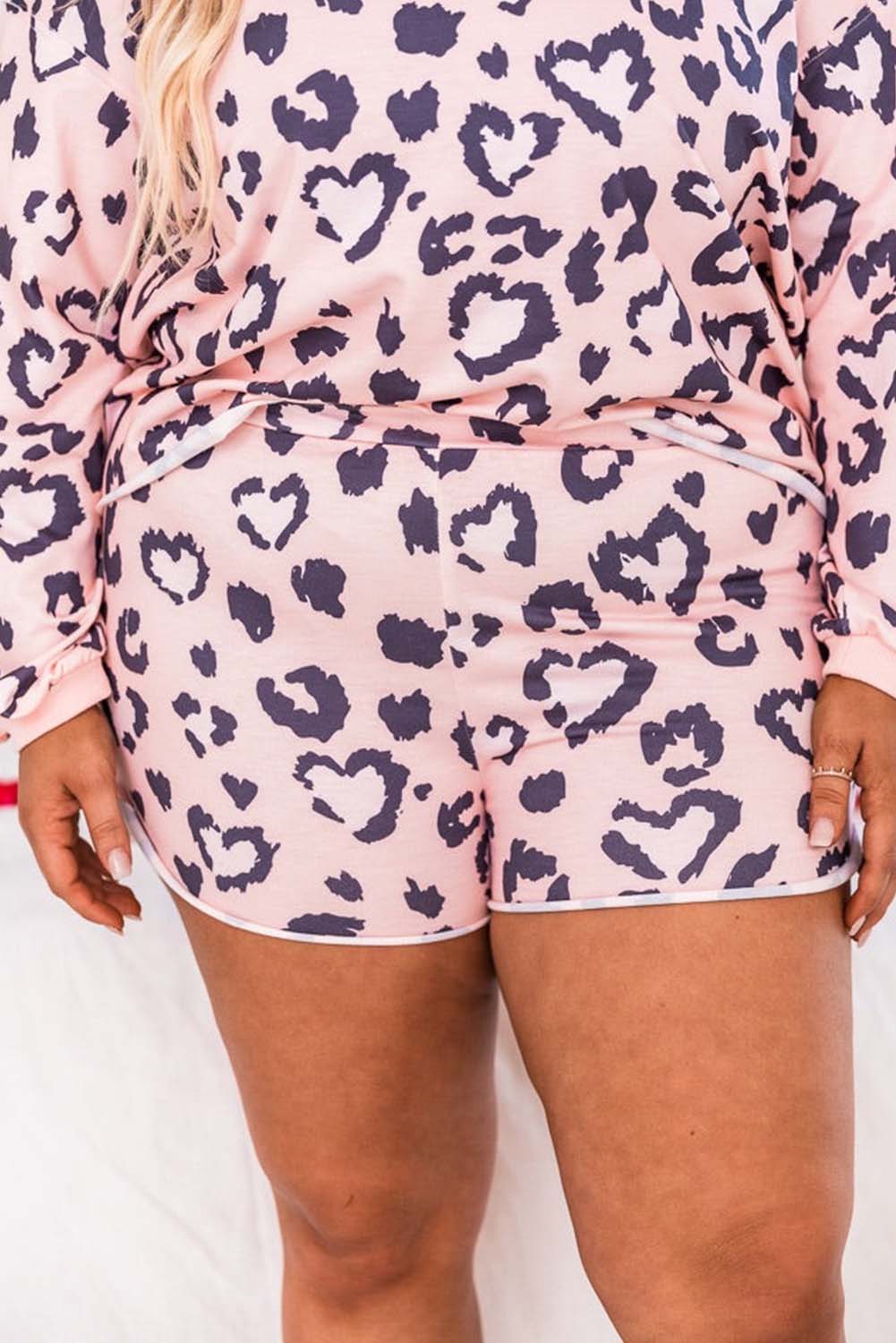 Pink Plus Size Leopard Heart Print Long Sleeve and Shorts Lounge Set Plus Size JT's Designer Fashion