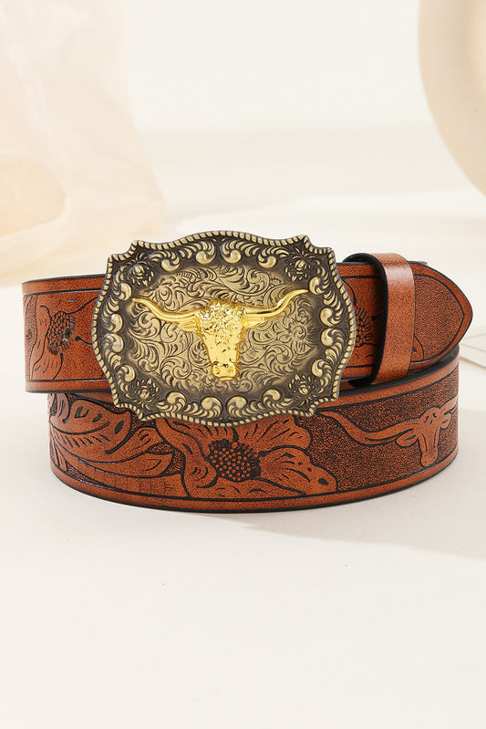 Brown Western Longhorn Bull Buckle Belt Other Accessories JT's Designer Fashion