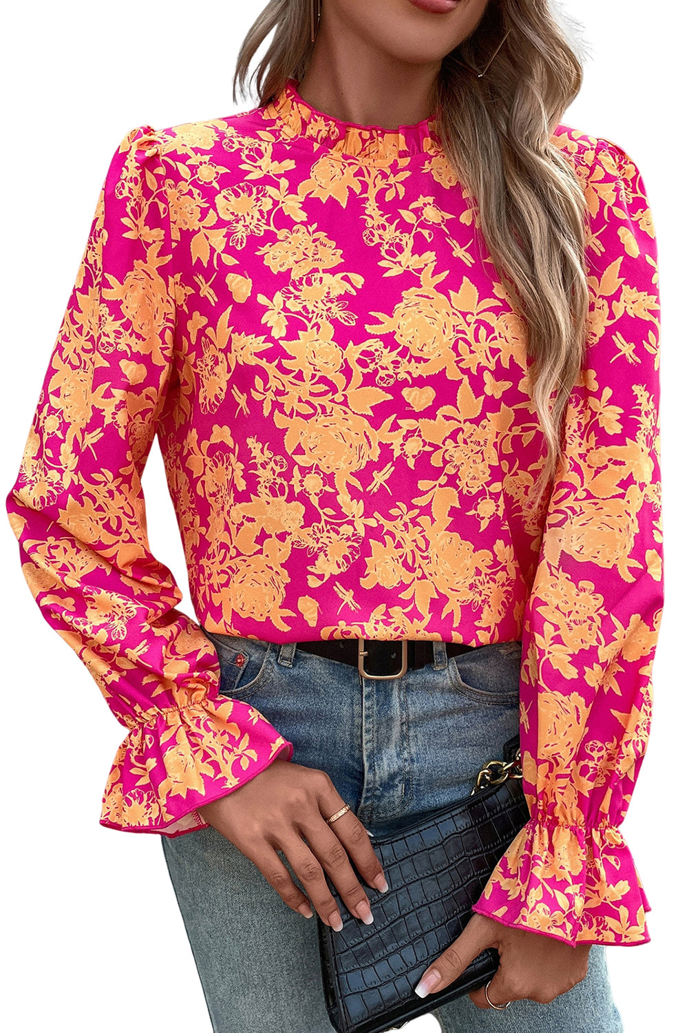 Rose Red Floral Print Frilled Neckline Flounce Sleeve Blouse Tops & Tees JT's Designer Fashion