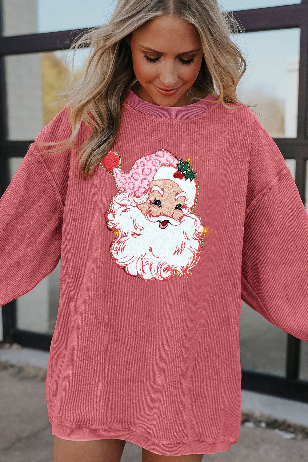 Strawberry Pink Santa Claus Sparkle Corded Crew Neck Sweatshirt Graphic Sweatshirts JT's Designer Fashion