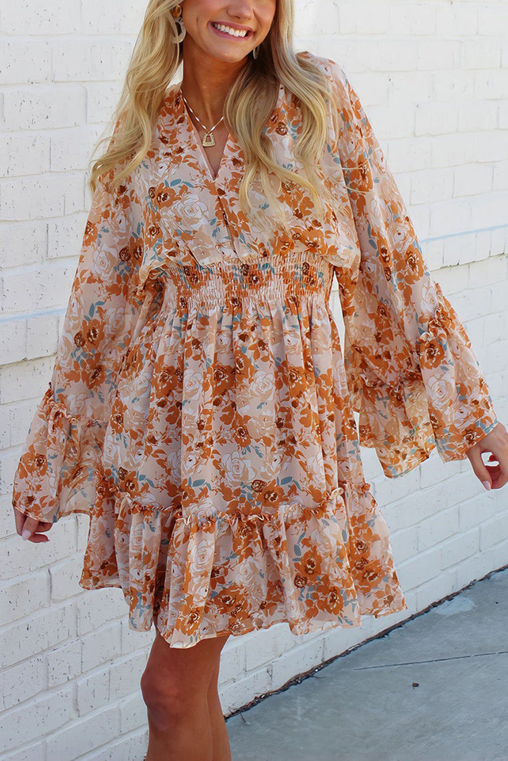 Orange Floral V Neck Smocked Waist Wide Sleeve Dress Dresses JT's Designer Fashion