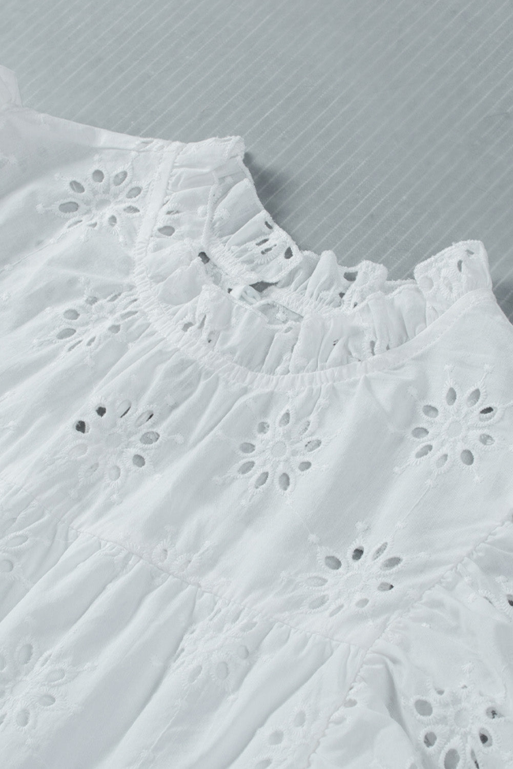 White Floral Eyelet Hollow-out Pattern Flutter Sleeve Tiered Dress Mini Dresses JT's Designer Fashion