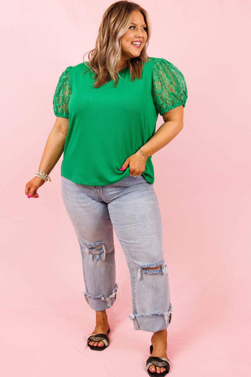 Green Ribbed Lace Patchwork Puff Sleeve Plus Size Blouse Plus Size Tops JT's Designer Fashion