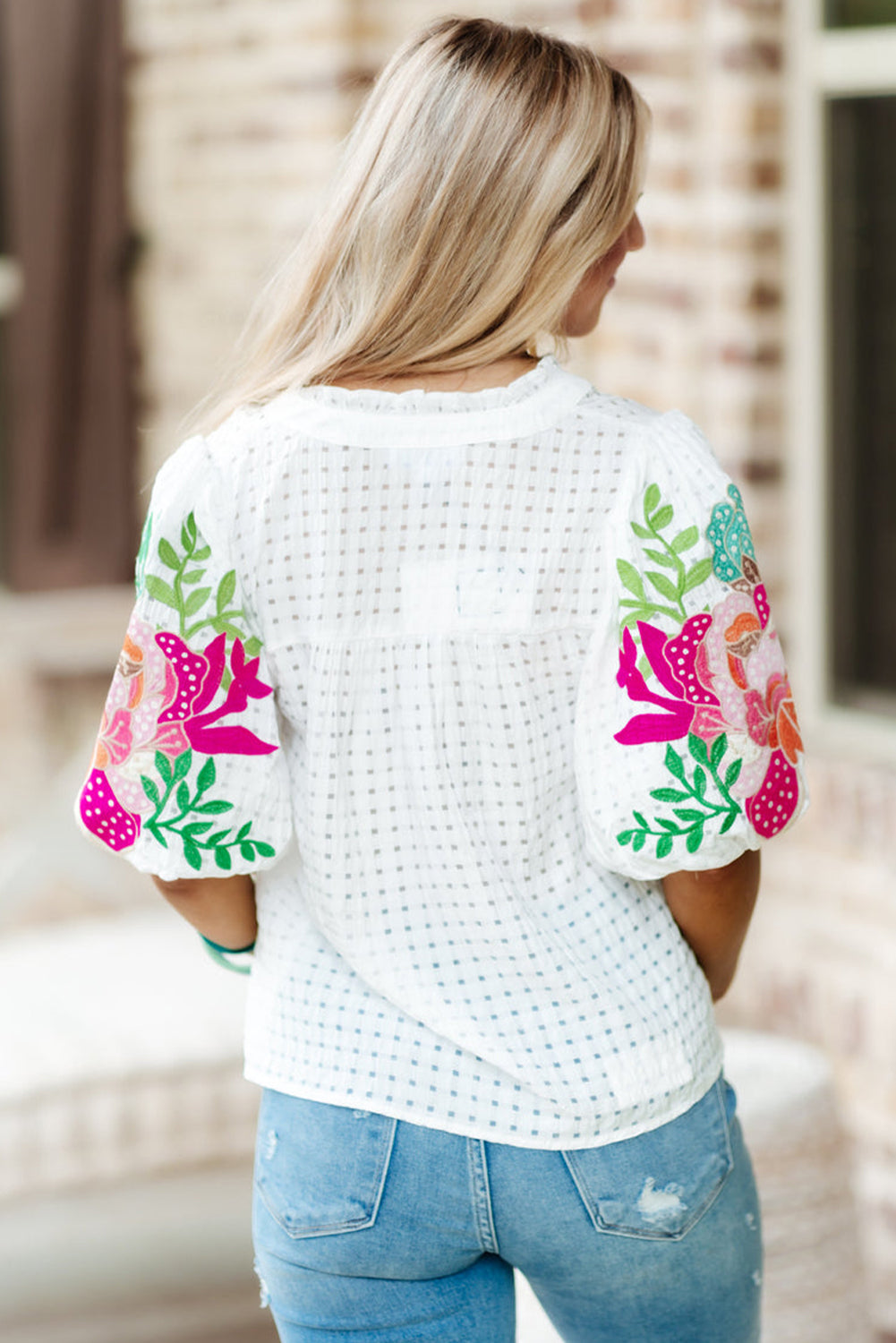 White Floral Embroidered Puff Sleeve Notched Neck Blouse Tops & Tees JT's Designer Fashion